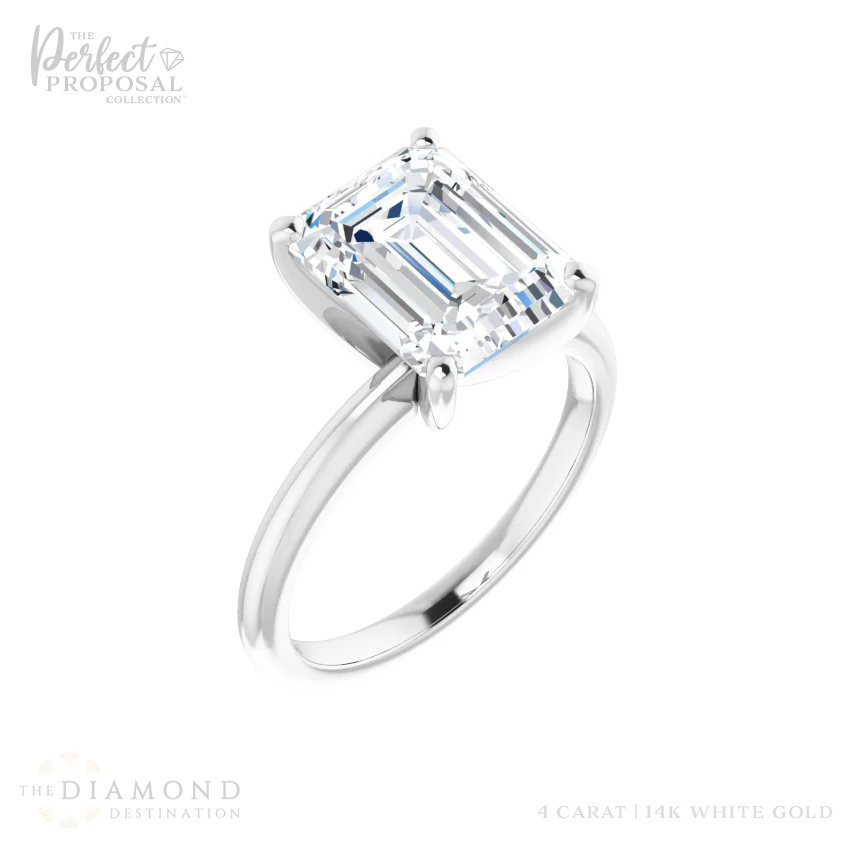 A dazzling 4 carat emerald cut lab grown diamond engagement ring, perfect for expressing your everlasting love and commitment.